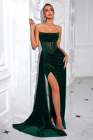 Load image into Gallery viewer, Black Velvet Sheath Ruched Strapless Long Corset Holiday Party Dress with Slit
