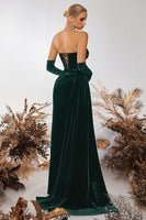 Load image into Gallery viewer, Black Velvet Sheath Ruched Strapless Long Corset Holiday Party Dress with Slit