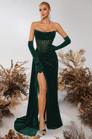 Load image into Gallery viewer, Black Velvet Sheath Ruched Strapless Long Corset Holiday Party Dress with Slit
