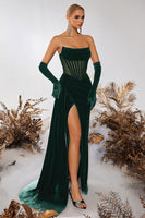 Load image into Gallery viewer, Black Velvet Sheath Ruched Strapless Long Corset Holiday Party Dress with Slit