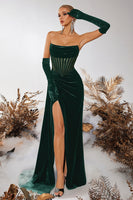 Load image into Gallery viewer, Black Velvet Sheath Ruched Strapless Long Corset Holiday Party Dress with Slit