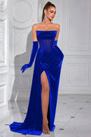 Load image into Gallery viewer, Black Velvet Sheath Ruched Strapless Long Corset Holiday Party Dress with Slit