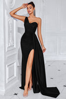 Load image into Gallery viewer, Black One Shoulder Mermaid Ruched Long Prom Dress with Slit