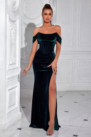 Load image into Gallery viewer, Dark Green Velvet Mermaid Off The Shoulder Long Corset Holiday Party Dress with Slit