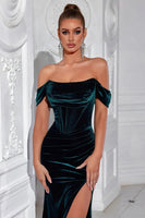 Load image into Gallery viewer, Dark Green Velvet Mermaid Off The Shoulder Long Corset Holiday Party Dress with Slit