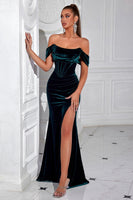 Load image into Gallery viewer, Dark Green Velvet Mermaid Off The Shoulder Long Corset Holiday Party Dress with Slit