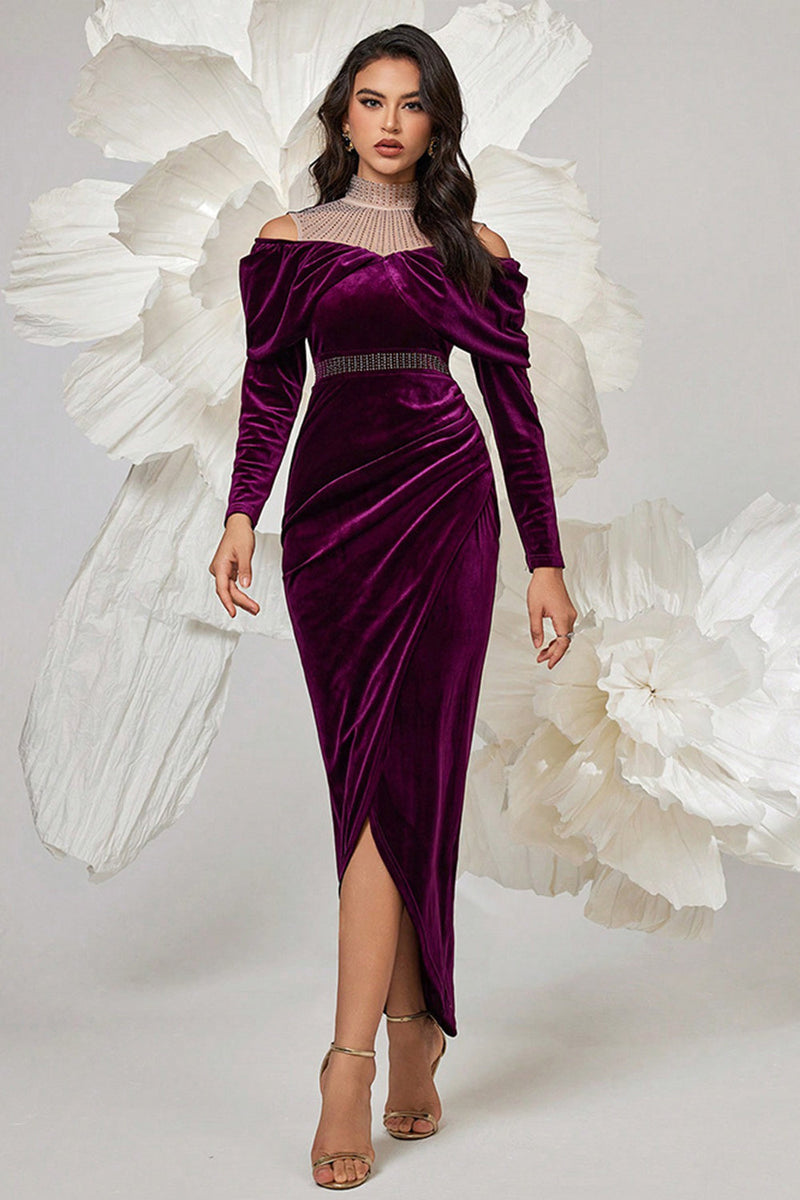 Load image into Gallery viewer, Dark Purple Bodycon Velvet High Neck Ruched Long Sleeves Holiday Party Dress