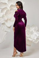 Load image into Gallery viewer, Dark Purple Bodycon Velvet High Neck Ruched Long Sleeves Holiday Party Dress
