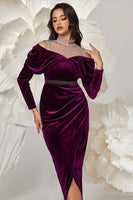 Load image into Gallery viewer, Dark Purple Bodycon Velvet High Neck Ruched Long Sleeves Holiday Party Dress