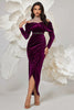 Load image into Gallery viewer, Dark Purple Bodycon Velvet High Neck Ruched Long Sleeves Holiday Party Dress