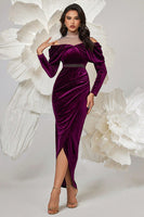 Load image into Gallery viewer, Dark Purple Bodycon Velvet High Neck Ruched Long Sleeves Holiday Party Dress