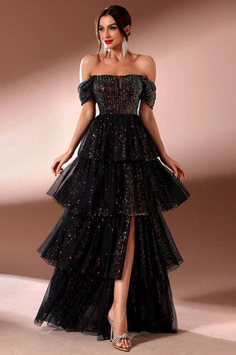 Sparkly Black Tulle A Line Off The Shoulder Tiered Long Prom Dress with Slit