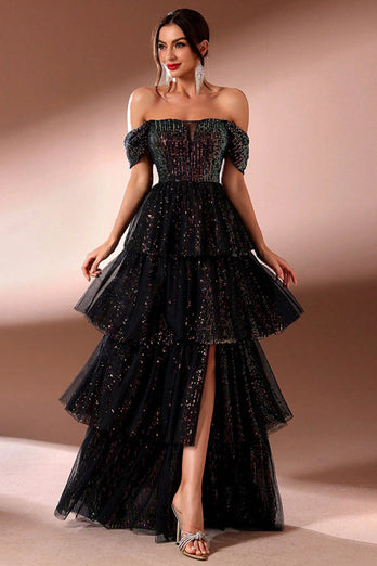 Sparkly Black Tulle A Line Off The Shoulder Tiered Long Prom Dress with Slit