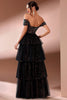Load image into Gallery viewer, Sparkly Black Tulle A Line Off The Shoulder Tiered Long Prom Dress with Slit