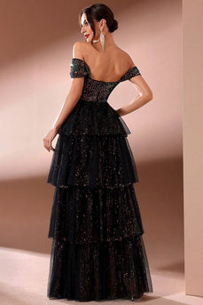 Sparkly Black Tulle A Line Off The Shoulder Tiered Long Prom Dress with Slit