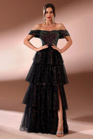 Load image into Gallery viewer, Sparkly Black Tulle A Line Off The Shoulder Tiered Long Prom Dress with Slit