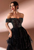 Load image into Gallery viewer, Sparkly Black Tulle A Line Off The Shoulder Tiered Long Prom Dress with Slit