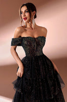 Load image into Gallery viewer, Sparkly Black Tulle A Line Off The Shoulder Tiered Long Prom Dress with Slit