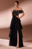 Load image into Gallery viewer, Sparkly Black Tulle A Line Off The Shoulder Tiered Long Prom Dress with Slit