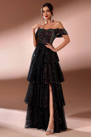Load image into Gallery viewer, Sparkly Black Tulle A Line Off The Shoulder Tiered Long Prom Dress with Slit