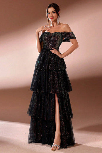 Sparkly Black Tulle A Line Off The Shoulder Tiered Long Prom Dress with Slit