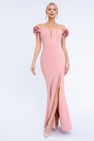 Load image into Gallery viewer, Blush Off The Shoulder Mermaid Long Prom Dress with 3D Flowers