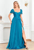 Load image into Gallery viewer, Blue A Line Ruched Sash Sweetheart Long Prom Dress with Slit