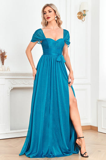 Blue A Line Ruched Sash Sweetheart Long Prom Dress with Slit