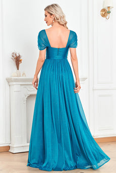 Blue A Line Ruched Sash Sweetheart Long Prom Dress with Slit