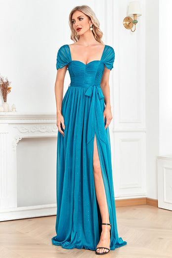 Blue A Line Ruched Sash Sweetheart Long Prom Dress with Slit