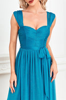 Load image into Gallery viewer, Blue A Line Ruched Sash Sweetheart Long Prom Dress with Slit
