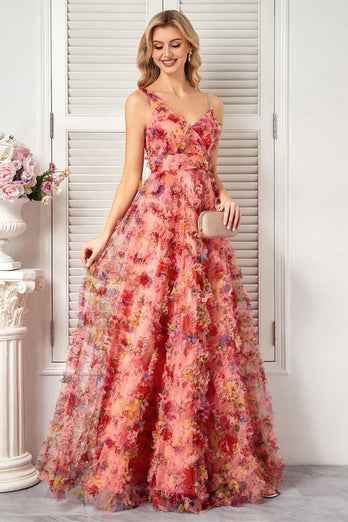 Floral Blush Spaghetti Straps A Line Long Prom Dress with Ruffles