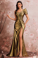 Load image into Gallery viewer, Golden Mermaid Metallic One Shoulder Ruched Long Prom Dress with Slit