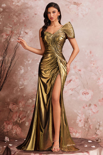 Golden Mermaid Metallic One Shoulder Ruched Long Prom Dress with Slit