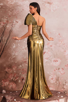 Golden Mermaid Metallic One Shoulder Ruched Long Prom Dress with Slit