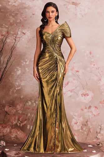 Golden Mermaid Metallic One Shoulder Ruched Long Prom Dress with Slit