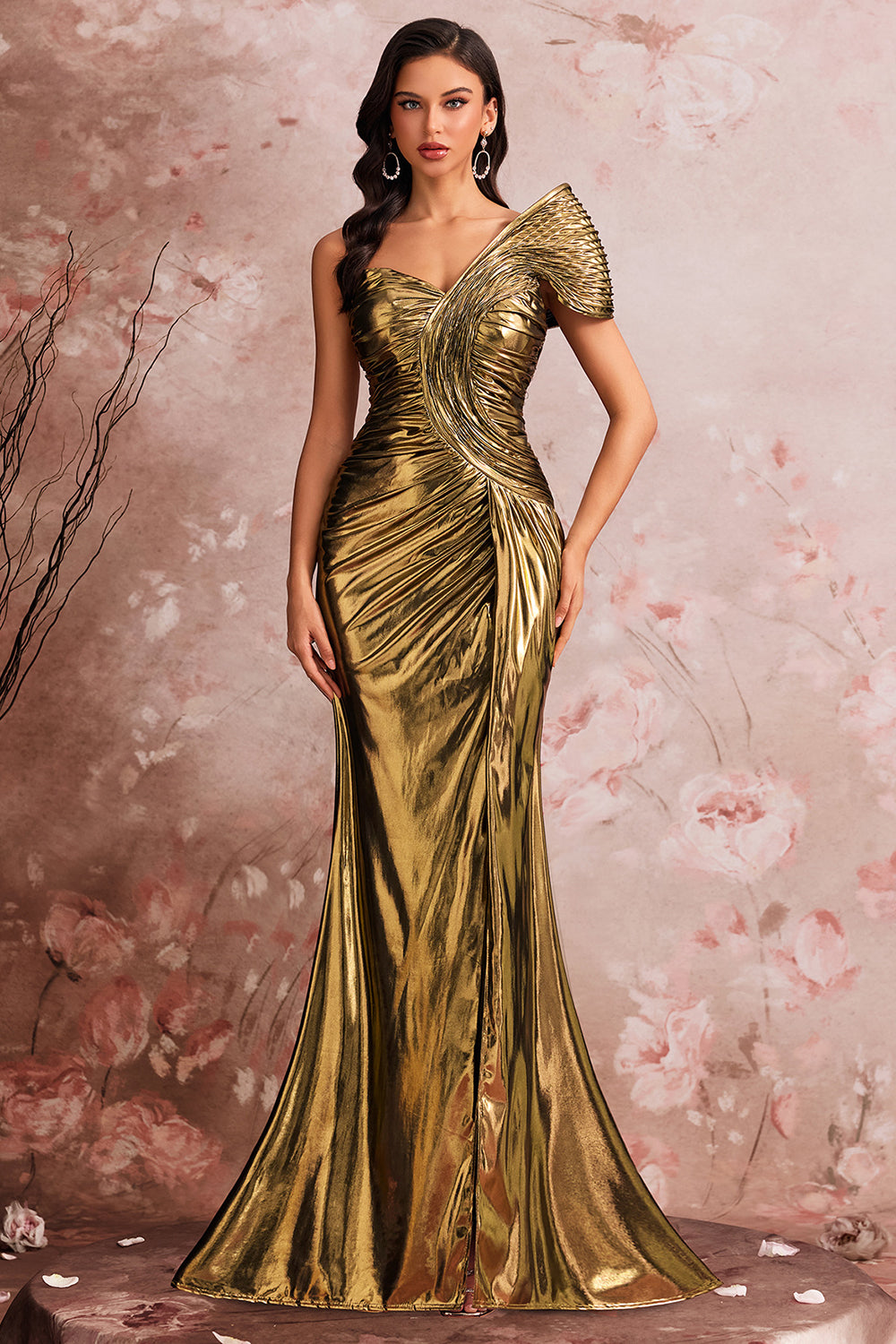 Golden Mermaid Metallic One Shoulder Ruched Long Prom Dress with Slit