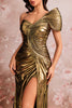 Load image into Gallery viewer, Golden Mermaid Metallic One Shoulder Ruched Long Prom Dress with Slit