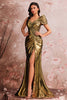 Load image into Gallery viewer, Golden Mermaid Metallic One Shoulder Ruched Long Prom Dress with Slit