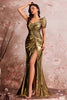 Load image into Gallery viewer, Golden Mermaid Metallic One Shoulder Ruched Long Prom Dress with Slit