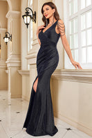 Load image into Gallery viewer, Sparkly Black V-Neck Mermaid Ruched Long Prom Dress with Beading