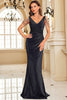 Load image into Gallery viewer, Sparkly Black V-Neck Mermaid Ruched Long Prom Dress with Beading