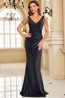 Load image into Gallery viewer, Sparkly Black V-Neck Mermaid Ruched Long Prom Dress with Beading