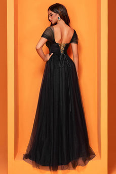 Black Tulle A Line Sweetheart Long Corset Prom Dress with Slit