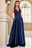 Load image into Gallery viewer, Sparkly Navy Satin A Line V-Neck Long Prom Dress with Beading
