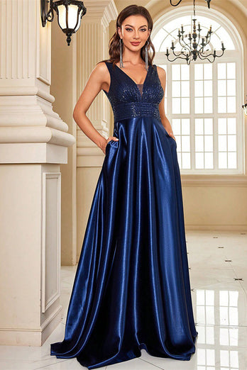 Sparkly Navy Satin A Line V-Neck Long Prom Dress with Beading