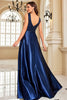 Load image into Gallery viewer, Sparkly Navy Satin A Line V-Neck Long Prom Dress with Beading