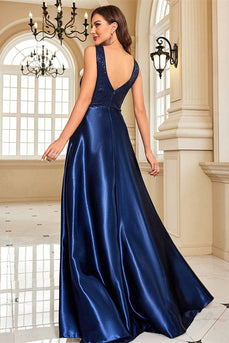 Sparkly Navy Satin A Line V-Neck Long Prom Dress with Beading