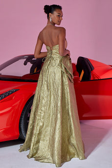 Gold Metallic A Line Sweetheart Long Prom Dress with Bow