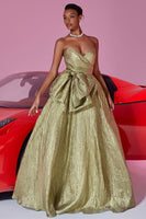 Load image into Gallery viewer, Gold Metallic A Line Sweetheart Long Prom Dress with Bow